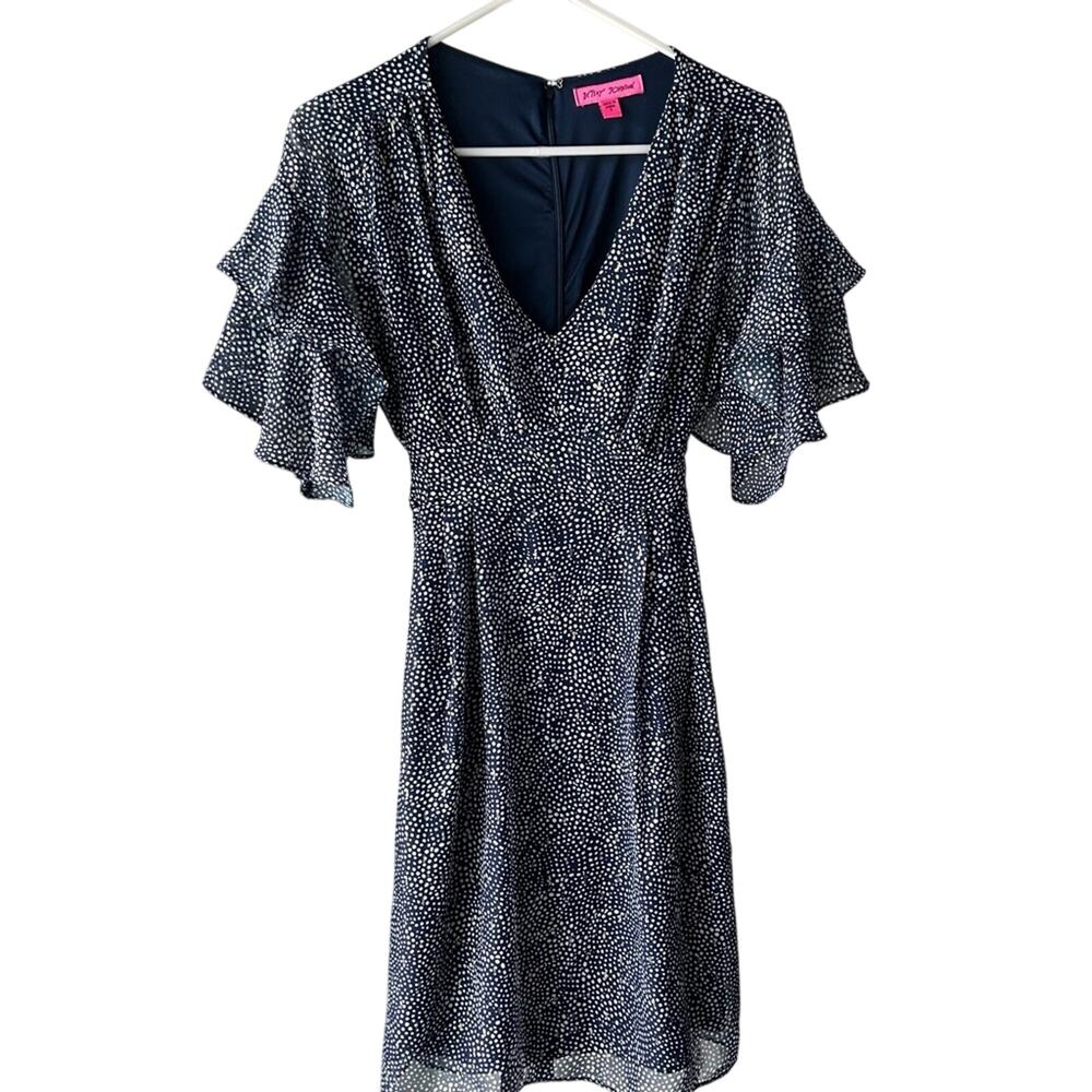 Betsey Johnson Fit & Flare Ruffle Sleeve Dress Navy White Polka Dot Sz 6 EUC